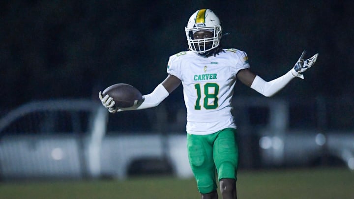 Carver's Tristan Norman (18) celebrates a touchdown catch against Stanhope Elmore during their game on the SEHS campus in Millbrook, Ala., on Friday September 22, 2023.