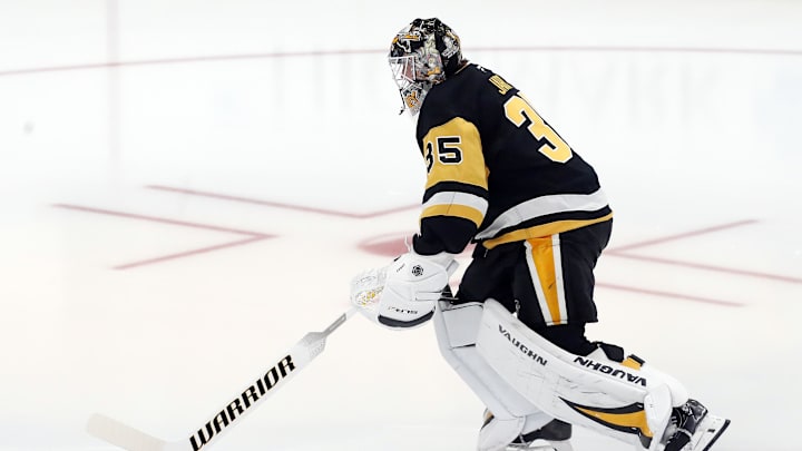 Oct 9, 2024; Pittsburgh, Pennsylvania, USA;  Pittsburgh Penguins goaltender Tristan Jarry (35) takes the ice to warm up against the New York Rangers at PPG Paints Arena. Mandatory Credit: Charles LeClaire-Imagn Images