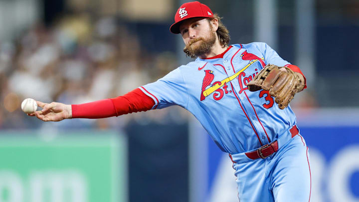 Aug 2, 2025; San Diego, California, USA; St. Louis Cardinals second baseman Brendan Donovan (33) makes a throw to first base for an out during the third inning against the San Diego Padres at Petco Park. Mandatory Credit: David Frerker-Imagn Images