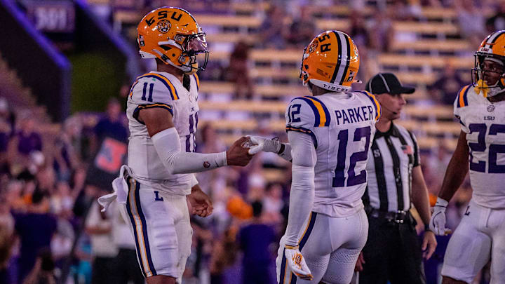 Sep 20, 2025; Baton Rouge, Louisiana, USA;  LSU Tigers quarterback Michael Van Buren Jr. (11) reacts to scoring a touchdown against the Southeastern Louisiana Lions during the second half at Tiger Stadium. Mandatory Credit: Stephen Lew-Imagn Images