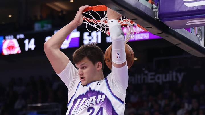 Oct 22, 2025; Salt Lake City, Utah, USA; Utah Jazz center Walker Kessler (24) dunks against the Los Angeles Clippers during the first quarter at Delta Center. Mandatory Credit: Rob Gray-Imagn Images