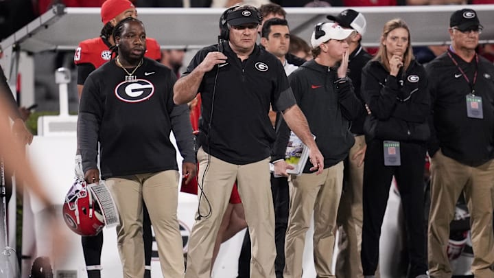Nov 15, 2025; Athens, Georgia, USA; Georgia Bulldogs head coach Kirby Smart looks on during the first half against the Texas Longhorns at Sanford Stadium. Mandatory Credit: Dale Zanine-Imagn Images