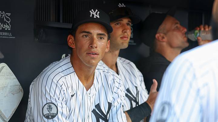 Aug 4, 2026; Bronx, New York, USA; New York Yankees shortstop George Lombard Jr. (96) in the dugout before the game against the St. Louis Cardinals at Yankee Stadium. Mandatory Credit: Vincent Carchietta-Imagn Images Aug 4, 2026; Bronx, New York, USA; New York Yankees shortstop George Lombard Jr. (96) in the dugout before the game against the St. Louis Cardinals at Yankee Stadium. Mandatory Credit: Vincent Carchietta-Imagn Images