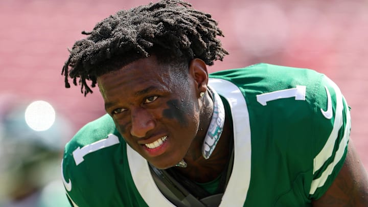 Sep 21, 2025; Tampa, Florida, USA; New York Jets cornerback Sauce Gardner (1) looks on before a game against the Tampa Bay Buccaneers at Raymond James Stadium. Mandatory Credit: Nathan Ray Seebeck-Imagn Images
