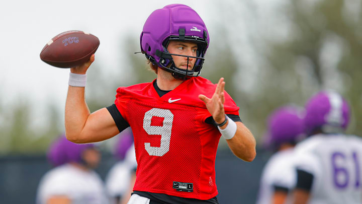 TCU quarterback Ken Seals (9) during the Horned Frogs' first practice in San Antonio, Texas, ahead of the Alamo Bowl.