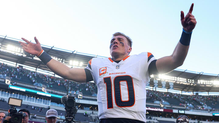 Oct 5, 2025; Philadelphia, Pennsylvania, USA; Denver Broncos quarterback Bo Nix (10) reacts as he walks off the field after a victory against the Philadelphia Eagles at Lincoln Financial Field. Mandatory Credit: Bill Streicher-Imagn Images