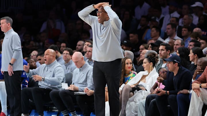Nov 17, 2025; Miami, Florida, USA; New York Knicks head coach Mike Brown reacts against the Miami Heat during the second quarter at Kaseya Center. Mandatory Credit: Sam Navarro-Imagn Images