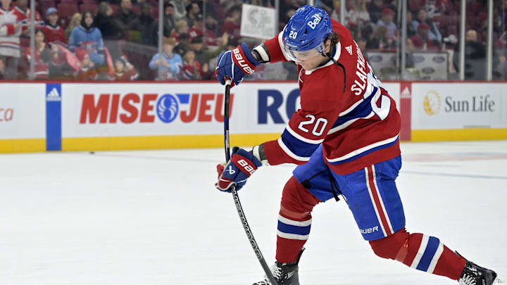 Apr 6, 2024; Montreal, Quebec, CAN; Montreal Canadiens forward Juraj Slafkovsky (20) takes a shot