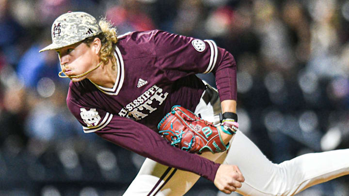 Mississippi State pitcher Khal Stephen (14) pitches against Ole Miss at Swayze Field in Oxford,