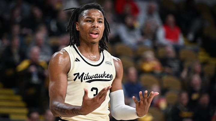 UW-Milwaukee forward Jamichael Stillwell (3) questions a would call in the second half of a Cream City Challenge game against Wofford on Saturday, November 23, 2024, at the UW-Milwaukee Panther Arena in Milwaukee, Wisconsin. UWM won, 76-74.