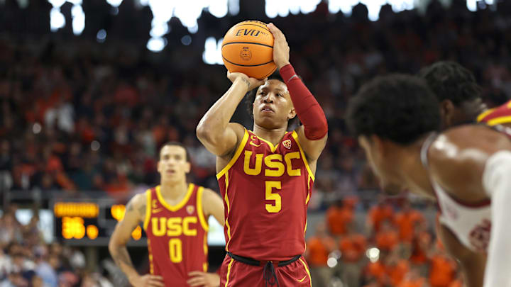 Dec 17, 2023; Auburn, Alabama, USA;  USC Trojans guard Boogie Ellis (5) shoots a free throw during
