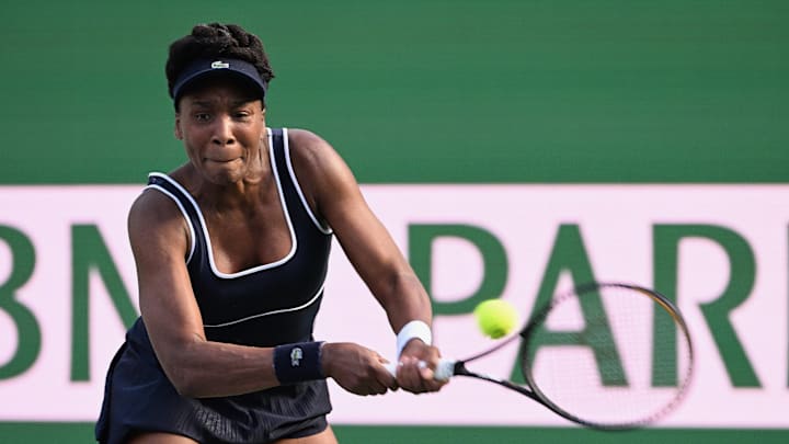 Venus Williams (USA) returns the ball during a tennis match played on March 7, 2024 during the BNP Paribas Open played at the Indian Wells Tennis Garden in Indian Wells, CA. Venus Williams (USA) returns the ball during a tennis match played on March 7, 2024 during the BNP Paribas Open played at the Indian Wells Tennis Garden in Indian Wells, CA.