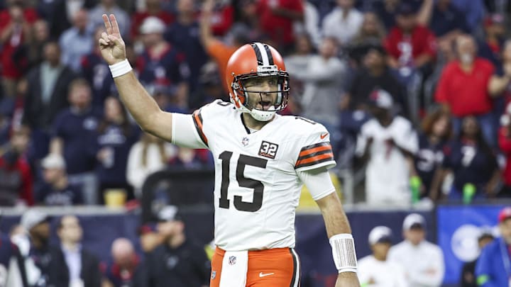 Dec 24, 2023; Houston, Texas, USA; Cleveland Browns quarterback Joe Flacco (15) reacts after a