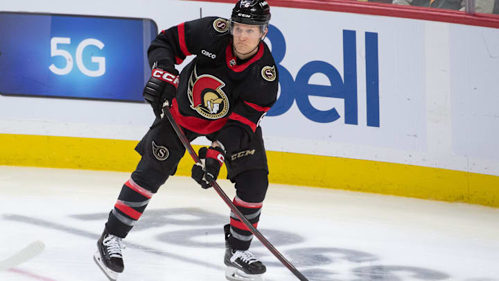 Jan 25, 2024; Ottawa, Ontario, CAN; Ottawa Senators defenseman Jakob Chychrun (6) shoots the puck in