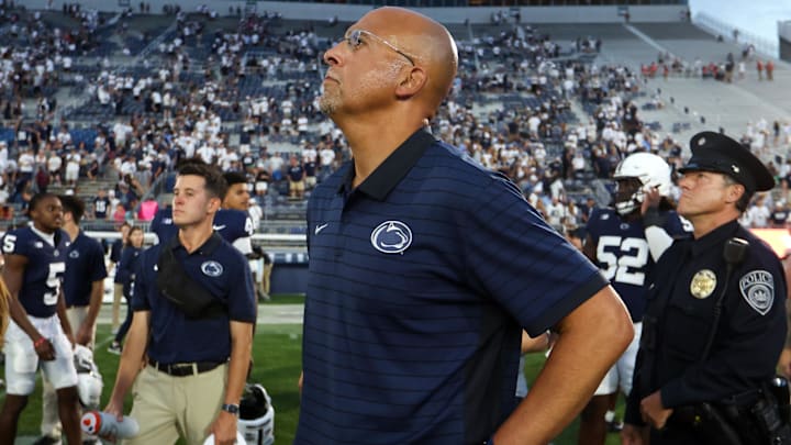 Sep 13, 2025; University Park, Pennsylvania, USA; Penn State Nittany Lions head coach James Franklin watches the replay of the final play of the game following the end of the game against the Villanova Wildcats at Beaver Stadium. Mandatory Credit: Matthew O'Haren-Imagn Images