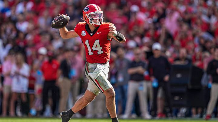Nov 22, 2025; Athens, Georgia, USA; Georgia Bulldogs quarterback Gunner Stockton (14) passes against the Charlotte 49ers during the first half at Sanford Stadium. Mandatory Credit: Dale Zanine-Imagn Images Nov 22, 2025; Athens, Georgia, USA; Georgia Bulldogs quarterback Gunner Stockton (14) passes against the Charlotte 49ers during the first half at Sanford Stadium. Mandatory Credit: Dale Zanine-Imagn Images