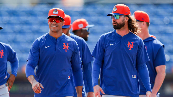 Feb 19, 2025; Port St. Lucie, FL, USA; New York Mets right fielder Juan Soto (22) and left fielder Jesse Winker (3) looks on during a spring training workout at Clover Park. Mandatory Credit: Sam Navarro-Imagn Images