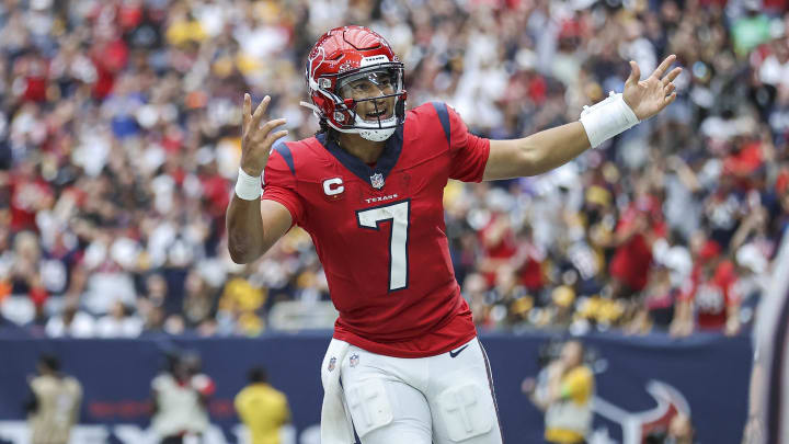 Oct 1, 2023; Houston, Texas, USA; Houston Texans quarterback C.J. Stroud (7) celebrates after a touchdown during the fourth quarter against the Pittsburgh Steelers at NRG Stadium.