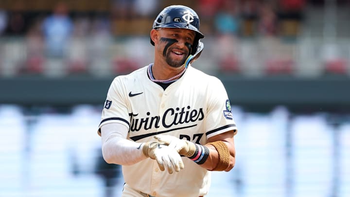 Aug 17, 2025; Minneapolis, Minnesota, USA; Minnesota Twins third baseman Royce Lewis (23) runs the bases after hitting a solo home run against the Detroit Tigers during the second inning at Target Field. Mandatory Credit: Matt Krohn-Imagn Images