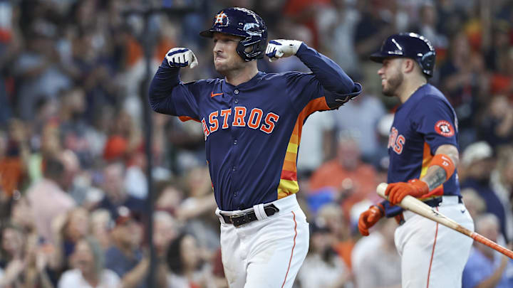 Sep 22, 2024; Houston, Texas, USA; Houston Astros third baseman Alex Bregman (2) celebrates after hitting a home run during the fifth inning against the Los Angeles Angels at Minute Maid Park. Mandatory Credit: Troy Taormina-Imagn Images