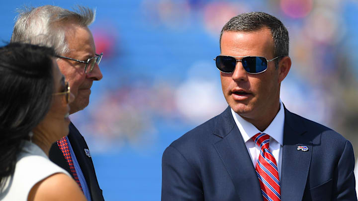 Sep 22, 2019; Orchard Park, NY, USA; Buffalo Bills general manager Brandon Beane (right) talks with owners Terry and Kim Pegula.