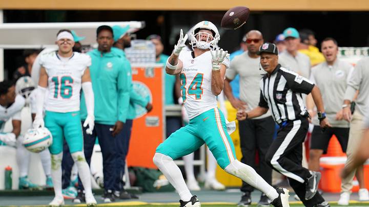 Miami Dolphins wide receiver Ryan Miller (84) catches a pass for a touchdown in the fourth quarter against the San Francisco 49ers at Levi's Stadium. Miami Dolphins wide receiver Ryan Miller (84) catches a pass for a touchdown in the fourth quarter against the San Francisco 49ers at Levi's Stadium.