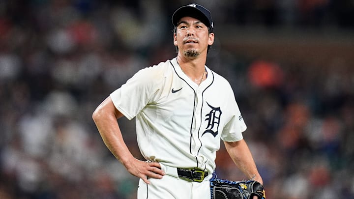 Detroit Tigers pitcher Kenta Maeda (18) reacts after Baltimore Orioles shortstop Gunnar Henderson (2) hits a 2-run home run during the seventh inning at Comerica Park in Detroit on Saturday, September 14, 2024.