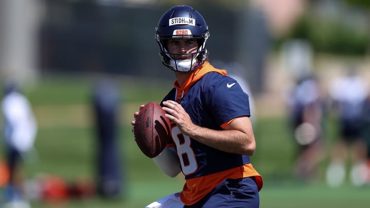 May 23, 2024; Englewood, CO, USA; Denver Broncos quarterback Jarrett Stidham (8) during organized team activities at Centura Health Training Center. Mandatory Credit: Isaiah J. Downing-USA TODAY Sports