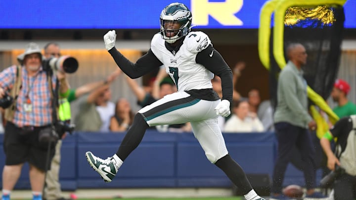 Oct 8, 2023; Inglewood, California, USA; Philadelphia Eagles linebacker Haason Reddick (7) celebrates after sacking Los Angeles Rams quarterback Matthew Stafford (9) during the second half at SoFi Stadium. 