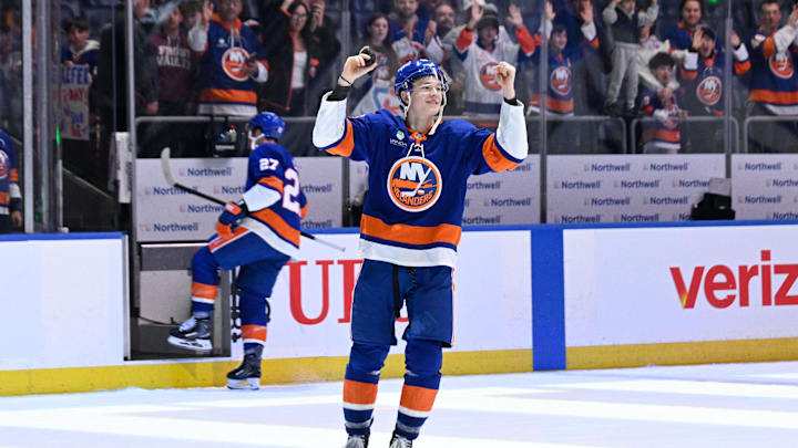 Mar 1, 2026; Elmont, New York, USA; New York Islanders defenseman Matthew Schaefer (48) celebrates with the crowd after the victory over the Florida Panthers during the third period at UBS Arena. Mandatory Credit: Dennis Schneidler-Imagn Images