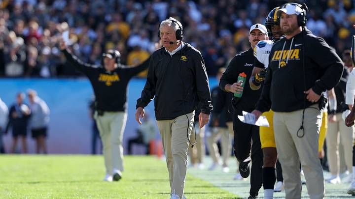 Dec 31, 2025; Tampa, FL, USA; Iowa Hawkeyes head coach Kirk Ferentz looks on during the ReliaQuest Bowl against the Vanderbilt Commodores at Raymond James Stadium. Mandatory Credit: Nathan Ray Seebeck-Imagn Images