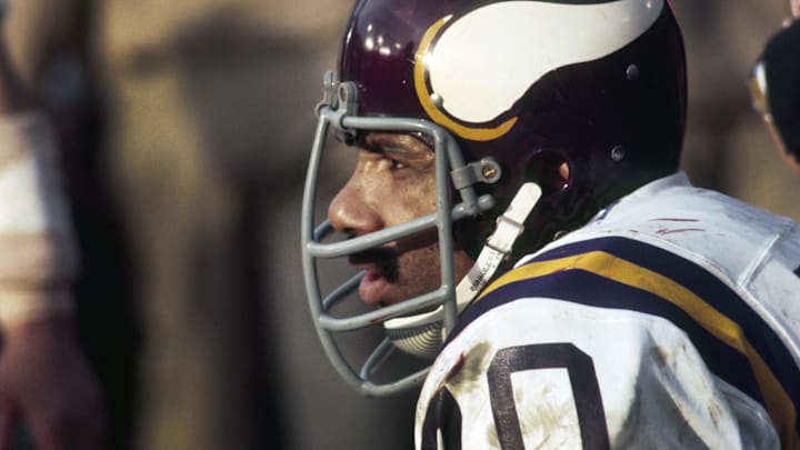 Jan 11, 1970; New Orleans, USA; FILE PHOTO;  Minnesota Vikings defensive end Jim Marshall (70) on the sideline against the Kansas City Chiefs during Super Bowl IV at Tulane Stadium. The Chiefs defeated the Vikings 24-7.