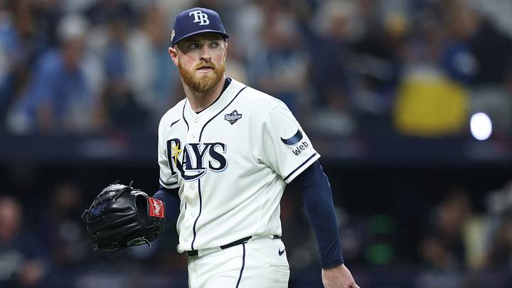 Oct 28, 2026; St. Petersburg, Florida, USA; Tampa Bay Rays pitcher Drew Rasmussen (57) reacts during the fourth inning against the Milwaukee Brewers in game five of the 2026 World Series at Tropicana Field. Mandatory Credit: Nathan Ray Seebeck-Imagn Images Oct 28, 2026; St. Petersburg, Florida, USA; Tampa Bay Rays pitcher Drew Rasmussen (57) reacts during the fourth inning against the Milwaukee Brewers in game five of the 2026 World Series at Tropicana Field. Mandatory Credit: Nathan Ray Seebeck-Imagn Images