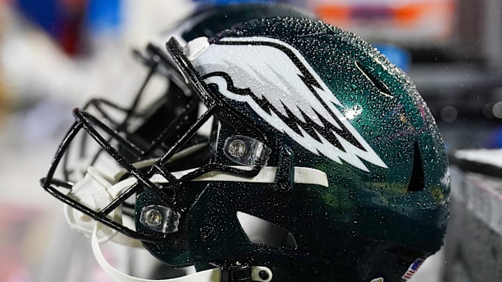 Nov 20, 2023; Kansas City, Missouri, USA; A general view of a Philadelphia Eagles helmet against the Kansas City Chiefs prior to a game at GEHA Field at Arrowhead Stadium. Mandatory Credit: Denny Medley-Imagn Images