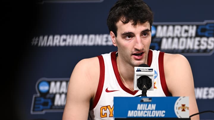 Mar 22, 2026; St. Louis, MO, USA; Iowa State Cyclones forward Milan Momcilovic (22) speaks during the postgame press conference after the game against the Kentucky Wildcats during a second round game of the men's 2026 NCAA Tournament at Enterprise Center. Mandatory Credit: Jeff Le-Imagn Images Mar 22, 2026; St. Louis, MO, USA; Iowa State Cyclones forward Milan Momcilovic (22) speaks during the postgame press conference after the game against the Kentucky Wildcats during a second round game of the men's 2026 NCAA Tournament at Enterprise Center. Mandatory Credit: Jeff Le-Imagn Images