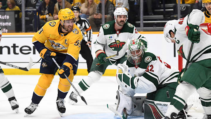 Nov 30, 2023; Nashville, Tennessee, USA; Nashville Predators defenseman Roman Josi (59) has a shot