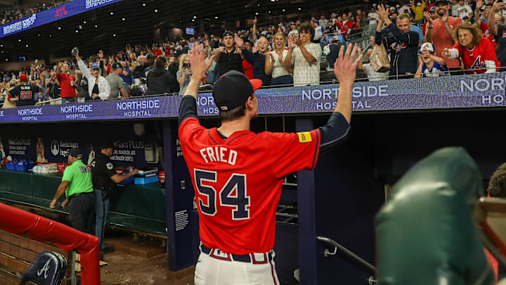Sep 27, 2024; Atlanta, Georgia, USA; Atlanta Braves starting pitcher Max Fried (54) acknowledges fans after a victory over the Kansas City Royals at Truist Park.