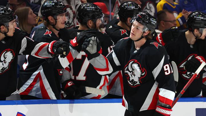 Apr 9, 2026; Buffalo, New York, USA; Buffalo Sabres right wing Josh Doan (91) celebrates his goal with teammates during the third period against the Columbus Blue Jackets at KeyBank Center. Mandatory Credit: Timothy T. Ludwig-Imagn Images Apr 9, 2026; Buffalo, New York, USA; Buffalo Sabres right wing Josh Doan (91) celebrates his goal with teammates during the third period against the Columbus Blue Jackets at KeyBank Center. Mandatory Credit: Timothy T. Ludwig-Imagn Images