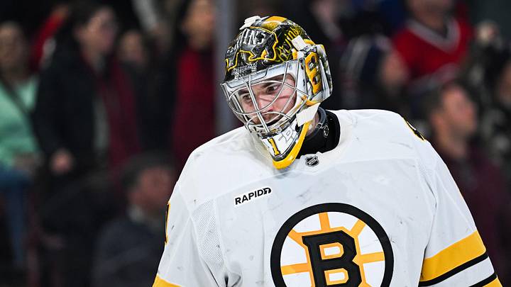 Mar 17, 2026; Montreal, Quebec, CAN; Boston Bruins Jeremy Jeremy Swayman (1) looks on against the Montreal Canadiens during the second period at Bell Centre. Mandatory Credit: David Kirouac-Imagn Images
