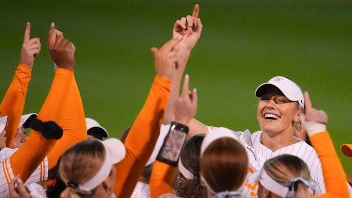 Tennessee's Karlyn Pickens (23) and teammates celebrate after Pickens struck out the final batter to win an NCAA softball game against Arkansas on Monday, March 24, 2025, in Knoxville, Tenn.