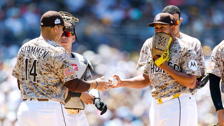 Jun 7, 2026; San Diego, California, USA; San Diego Padres manager Craig Stammen (14) takes the ball from starting pitcher Randy Vasquez (98) during a fifth inning pitching change against the New York Mets at Petco Park. Mandatory Credit: David Frerker-Imagn Images Jun 7, 2026; San Diego, California, USA; San Diego Padres manager Craig Stammen (14) takes the ball from starting pitcher Randy Vasquez (98) during a fifth inning pitching change against the New York Mets at Petco Park. Mandatory Credit: David Frerker-Imagn Images