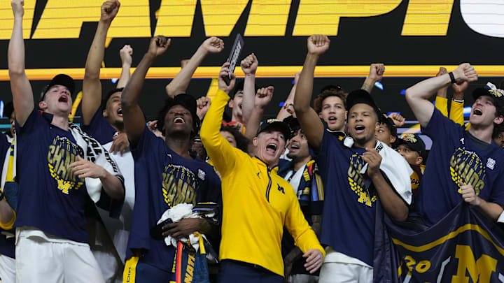 The Michigan Wolverines celebrate their NCAA men's basketball tournament national championship victory Monday, April 6, 2026, after defeating the UConn Huskies 69-63 at Lucas Oil Stadium in Indianapolis. The Michigan Wolverines celebrate their NCAA men's basketball tournament national championship victory Monday, April 6, 2026, after defeating the UConn Huskies 69-63 at Lucas Oil Stadium in Indianapolis.