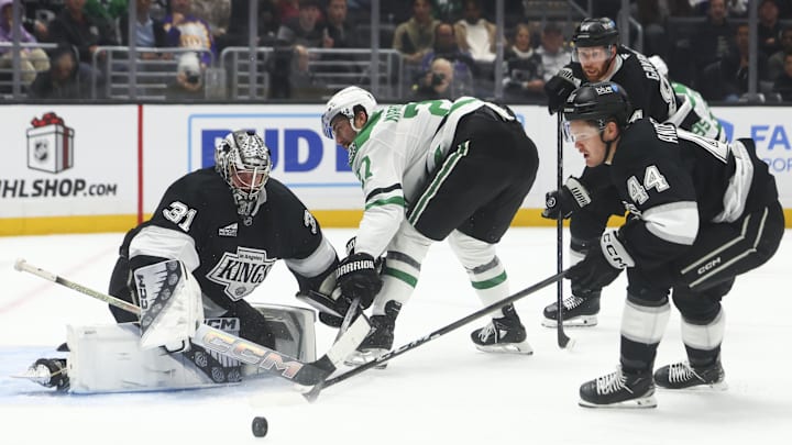 Dec 4, 2024; Los Angeles, California, USA; Los Angeles Kings goaltender David Rittich (31) makes a save against Dallas Stars left wing Mason Marchment (27) during the third period of a hockey game at Crypto.com Arena. Mandatory Credit: Jessica Alcheh-Imagn Images