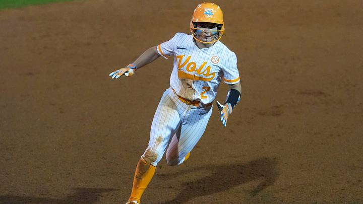 Tennessee outfielder Sophia Knight (2) runs towards third base during a NCAA softball game between Tennessee and Penn State at Sherri Parker Lee Stadium in Knoxville, Tenn., on Feb. 27, 2026. Tennessee outfielder Sophia Knight (2) runs towards third base during a NCAA softball game between Tennessee and Penn State at Sherri Parker Lee Stadium in Knoxville, Tenn., on Feb. 27, 2026.