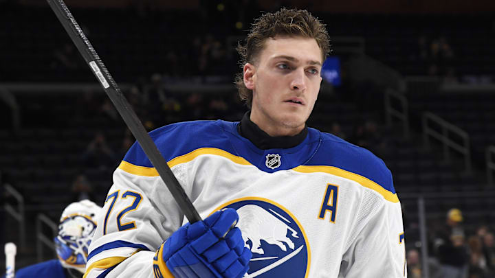 Oct 30, 2025; Boston, Massachusetts, USA; Buffalo Sabres center Tage Thompson (72) skates during warmups prior to a game against the Boston Bruins at TD Garden. Mandatory Credit: Bob DeChiara-Imagn Images Oct 30, 2025; Boston, Massachusetts, USA; Buffalo Sabres center Tage Thompson (72) skates during warmups prior to a game against the Boston Bruins at TD Garden. Mandatory Credit: Bob DeChiara-Imagn Images