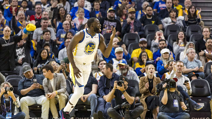 Oct 8, 2025; San Francisco, California, USA; Golden State Warriors forward Draymond Green (23) reacts after scoring against the Portland Trail Blazers during the second quarter at Chase Center. Mandatory Credit: John Hefti-Imagn Images Oct 8, 2025; San Francisco, California, USA; Golden State Warriors forward Draymond Green (23) reacts after scoring against the Portland Trail Blazers during the second quarter at Chase Center. Mandatory Credit: John Hefti-Imagn Images