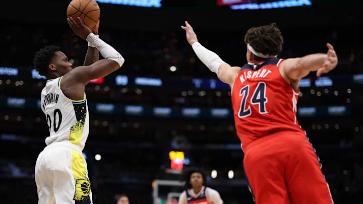 Feb 12, 2025; Washington, District of Columbia, USA; Indiana Pacers guard Bennedict Mathurin (00) shoots the ball as Washington Wizards forward Corey Kispert (24) defends in the fourth quarter at Capital One Arena. Mandatory Credit: Geoff Burke-Imagn Images Feb 12, 2025; Washington, District of Columbia, USA; Indiana Pacers guard Bennedict Mathurin (00) shoots the ball as Washington Wizards forward Corey Kispert (24) defends in the fourth quarter at Capital One Arena. Mandatory Credit: Geoff Burke-Imagn Images