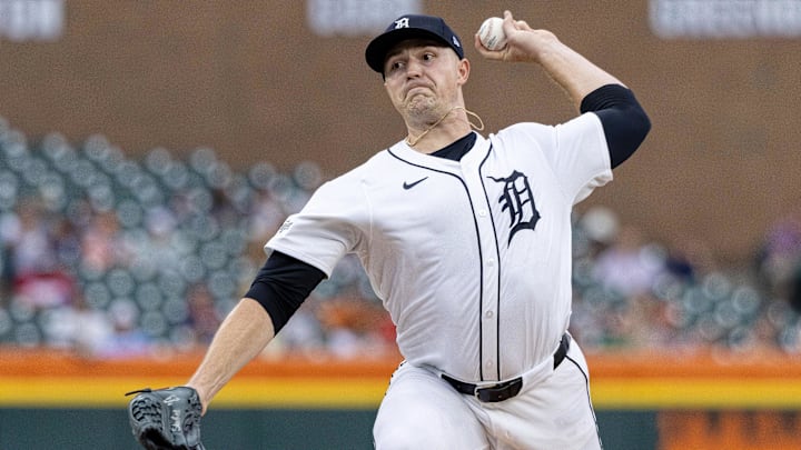Jun 25, 2024; Detroit, Michigan, USA; Detroit Tigers starting pitcher Tarik Skubal (29) pitches in the first inning against the Philadelphia Phillies at Comerica Park. Mandatory Credit: David Reginek-USA TODAY Sports