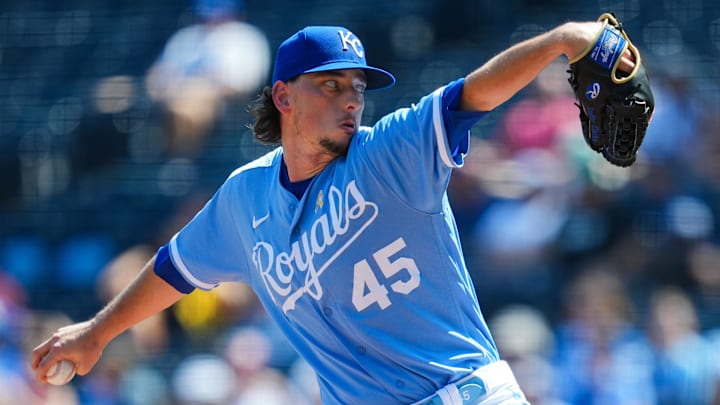 Sep 3, 2023; Kansas City, Missouri, USA; Kansas City Royals starting pitcher Taylor Clarke (45)