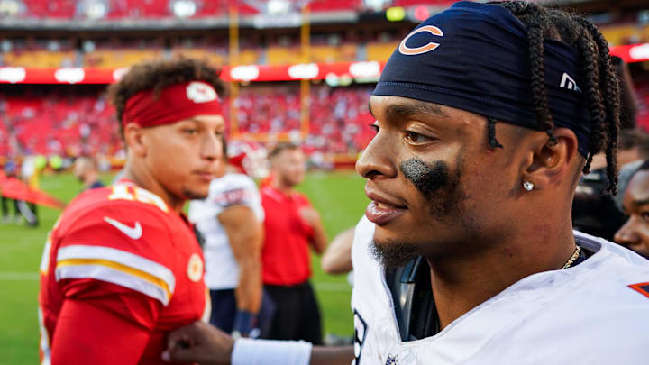 Sep 24, 2023; Kansas City, Missouri, USA; Chicago Bears quarterback Justin Fields (1) greets Kansas City Chiefs quarterback Patrick Mahomes (15) after a game at GEHA Field at Arrowhead Stadium. Mandatory Credit: Jay Biggerstaff-Imagn Images Sep 24, 2023; Kansas City, Missouri, USA; Chicago Bears quarterback Justin Fields (1) greets Kansas City Chiefs quarterback Patrick Mahomes (15) after a game at GEHA Field at Arrowhead Stadium. Mandatory Credit: Jay Biggerstaff-Imagn Images